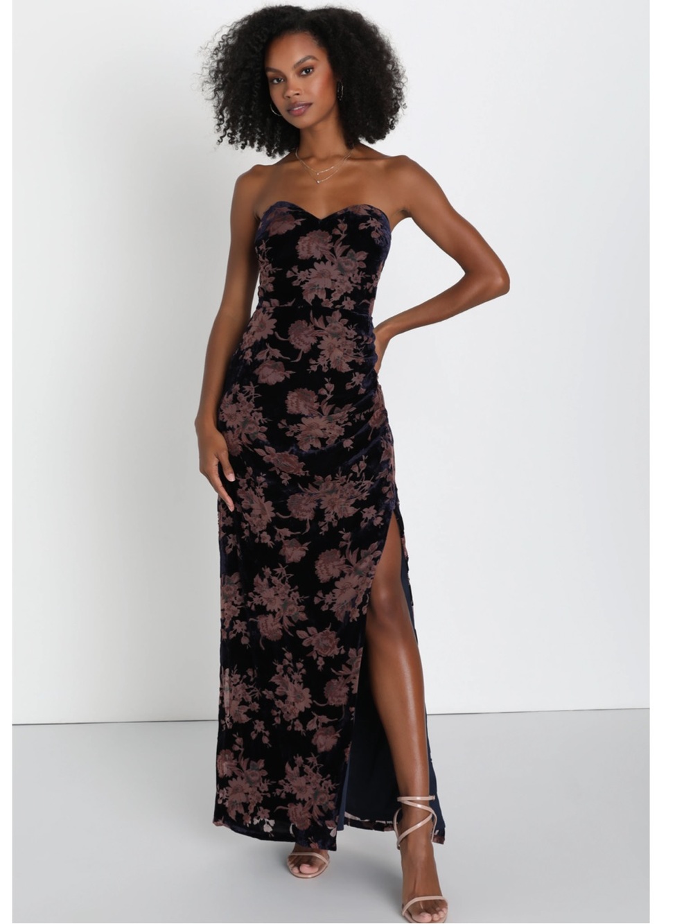Lulus Exquisite Navy Blue Floral Burnout Velvet Strapless Maxi Dress Event  XL